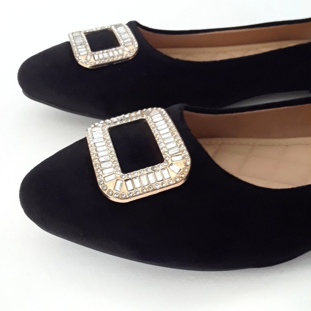 Black Velvet Rhinestone Buckle Pointed Toe Ballet Flats - Picture 6 of 15